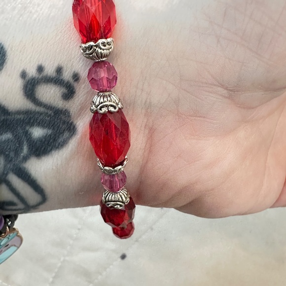 2/$15 Silver Tone & Red Bead Charm Bracelet. Red Hat Society charms. - Picture 7 of 11
